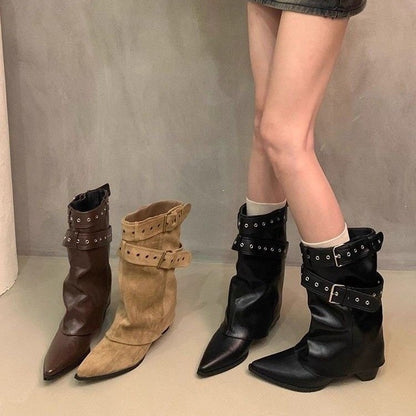 Western Belt Buckle Pointed Toe Boots