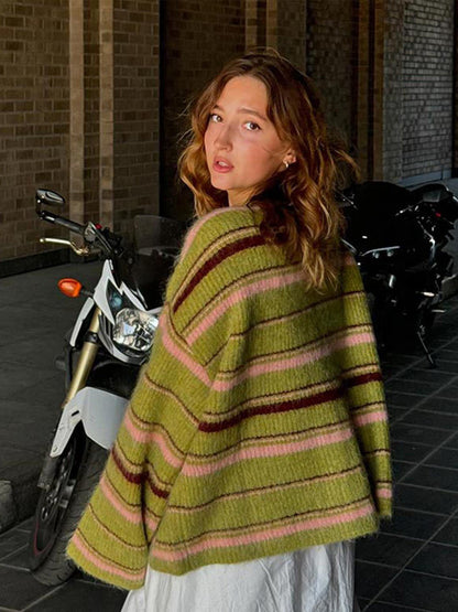 Women's Striped Color-Block Knit Cardigan Top