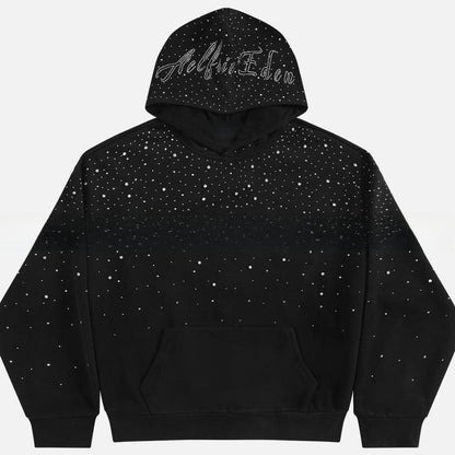 Rhinestone Hooded Sweatshirt Retro Washed Unisex