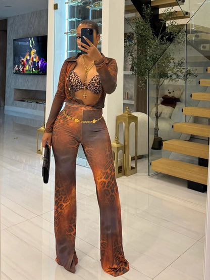 Womens Printed Mesh Cardigan Flared Pants Set