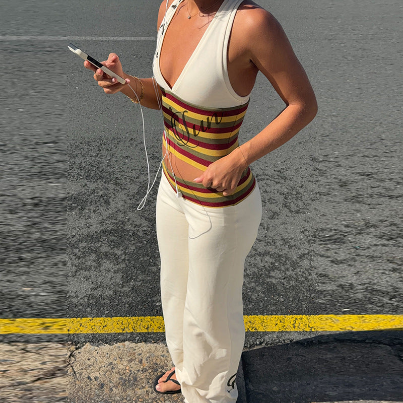 Womens Striped Crop Top and Flared Pants Set