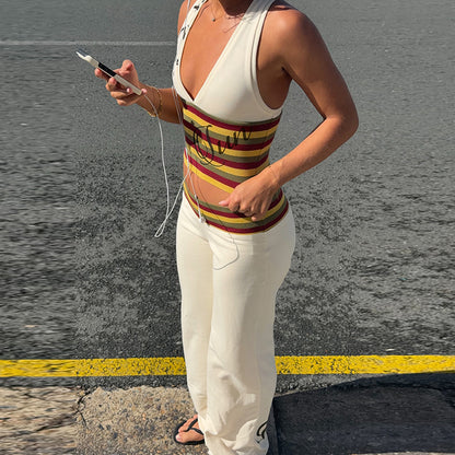 Womens Striped Crop Top and Flared Pants Set