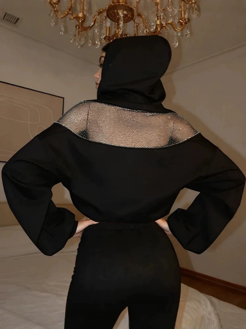 Niche Design Backless Hollow-Out Mesh Hoodie Loose Sweater