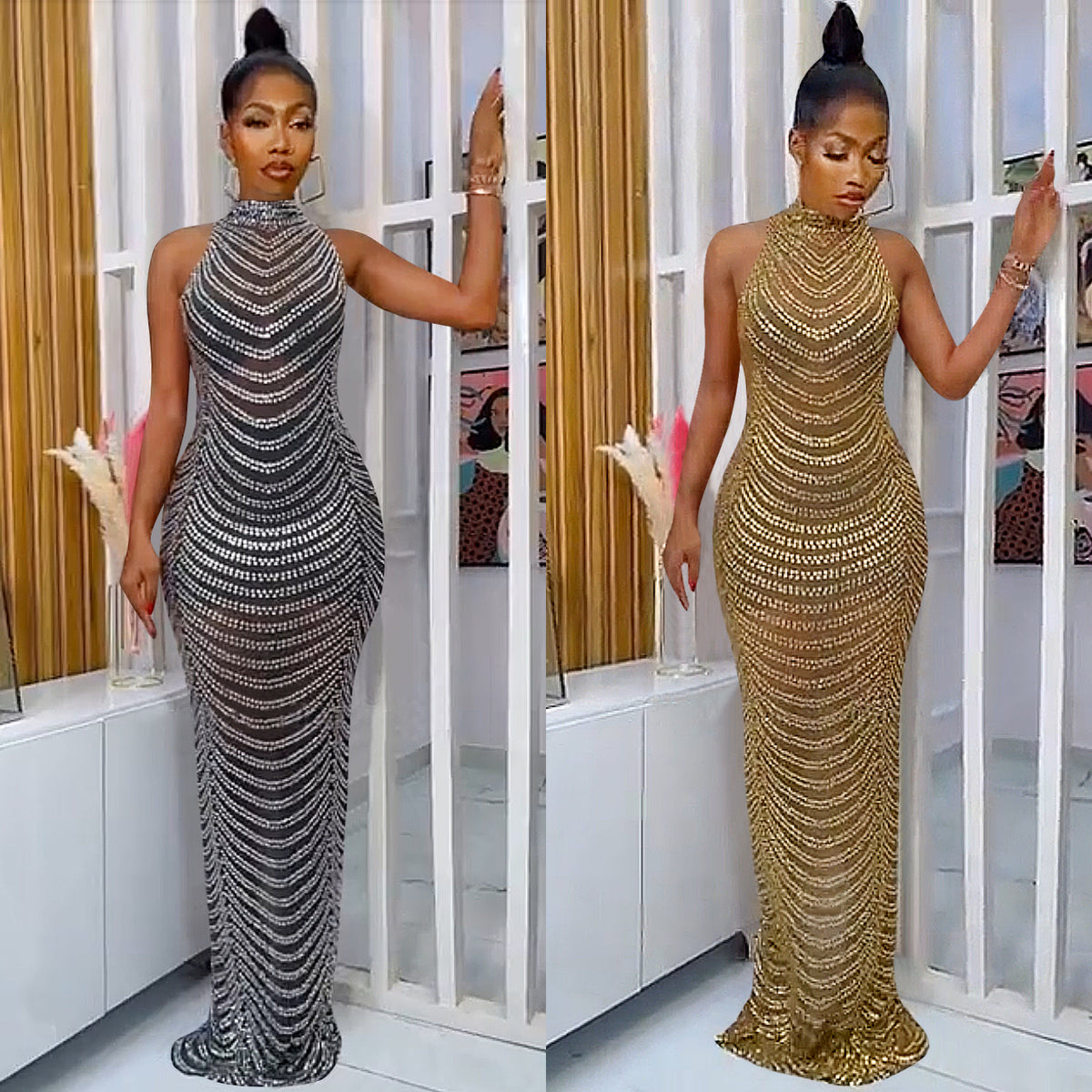 Elegant Diamond Backless Long Dress