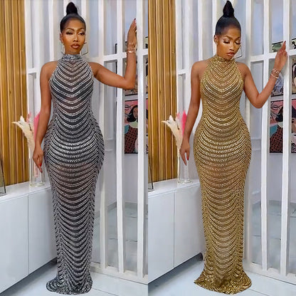 Elegant Diamond Backless Long Dress