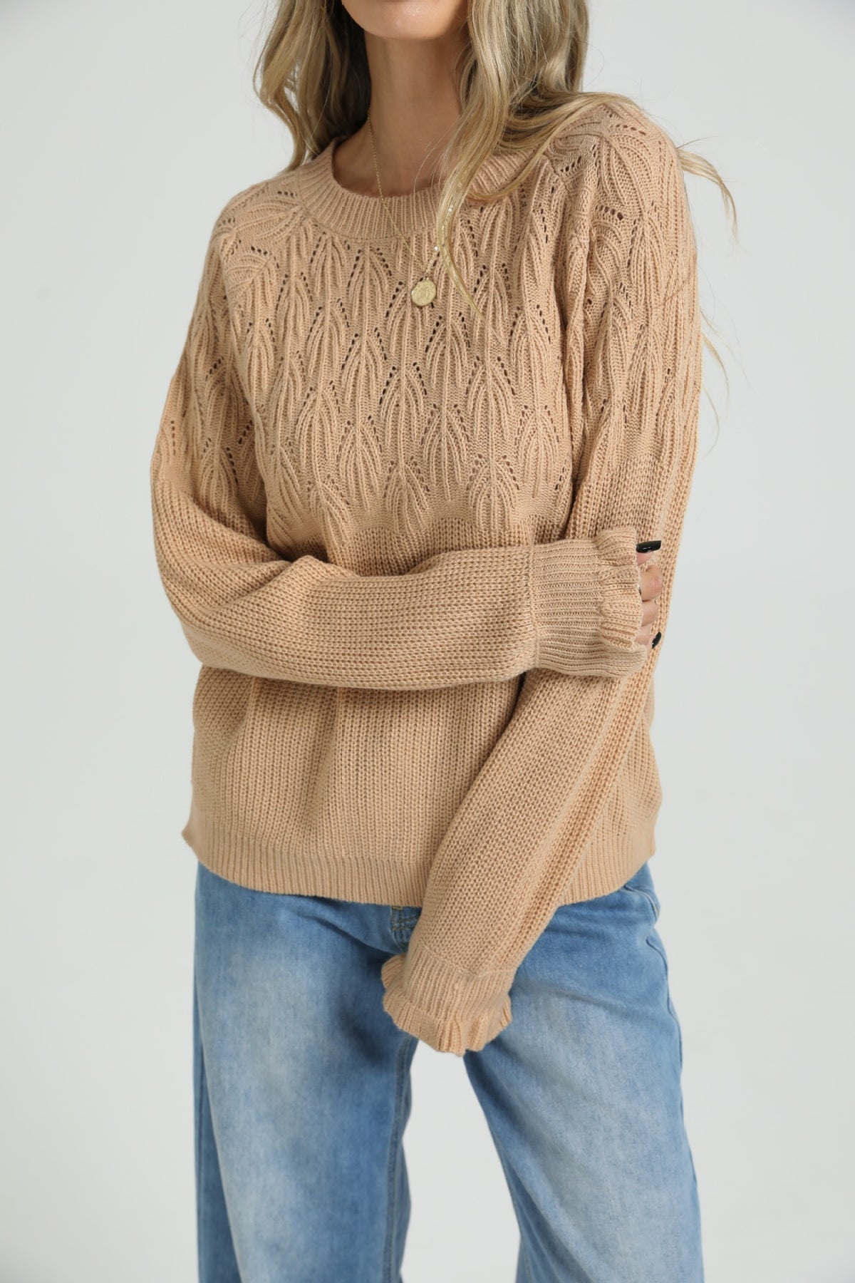 Women's Loose Round Neck Long Sleeve Solid Thick Knit Pullover Sweater