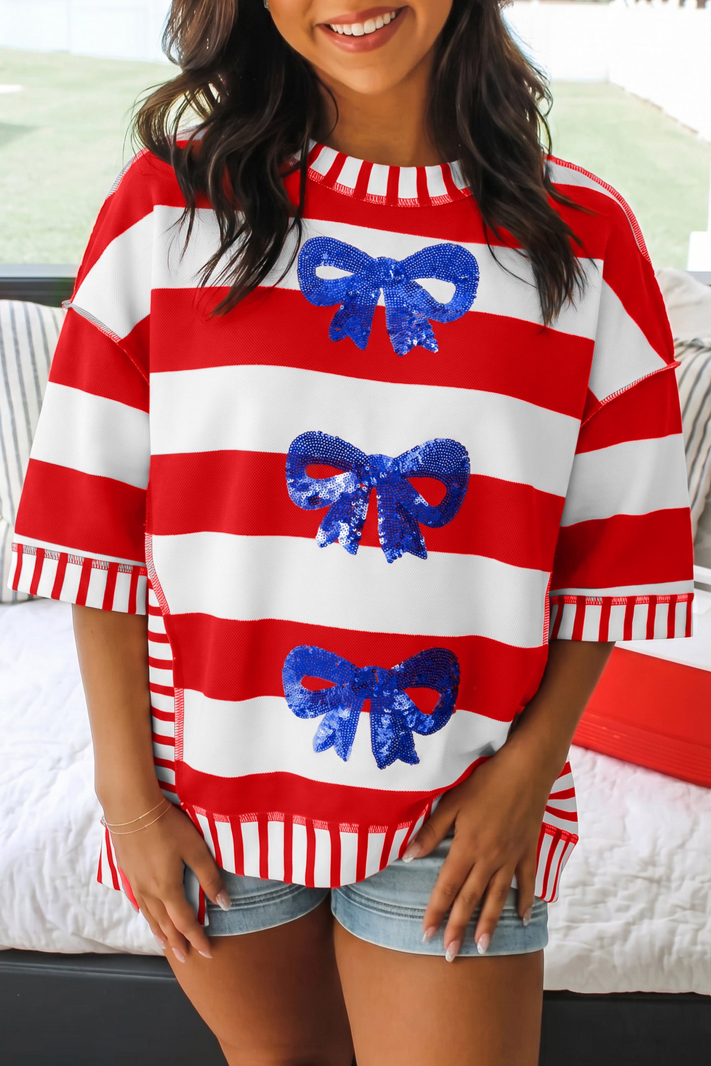 T-shirt met strepen pailletten strik patriottische stijl en korte mouwen