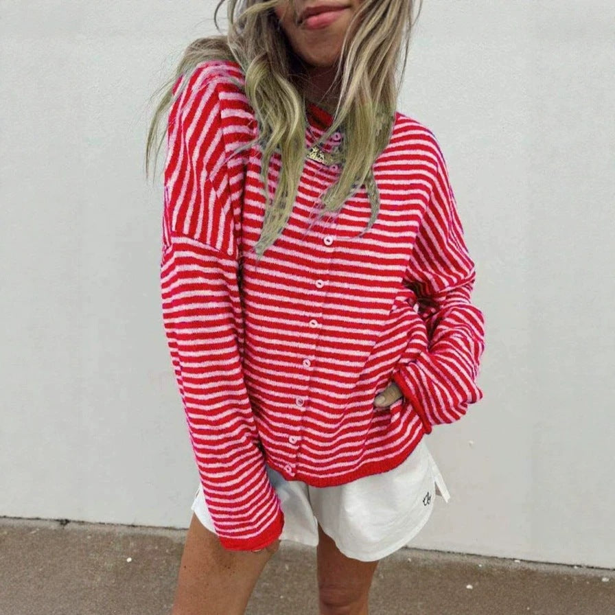 Women's Striped Knit Button-Front Long Sleeve Cardigan