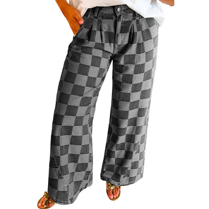 Checkerboard Print High Waist Wide Leg Denim Pants