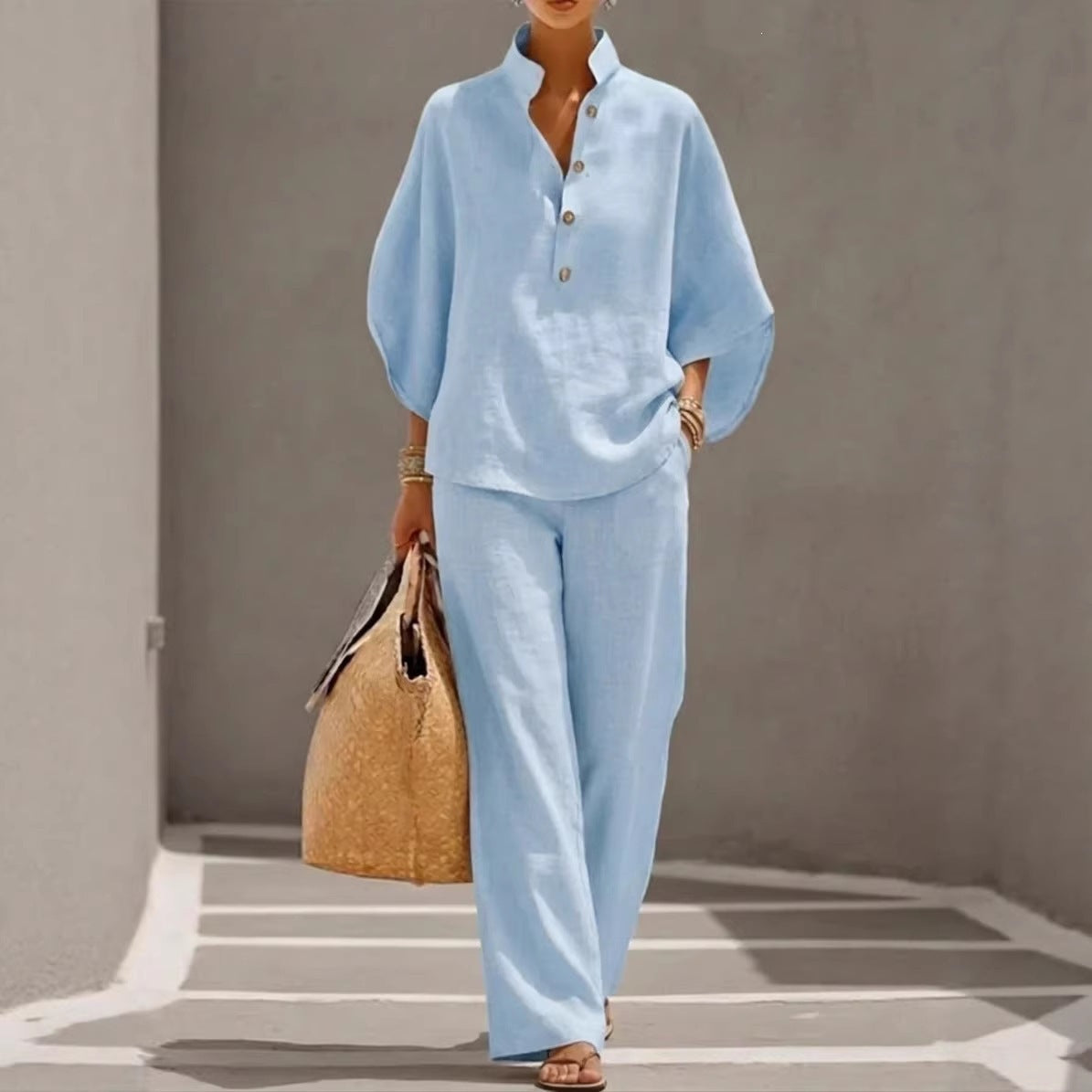 Womens Cotton Linen Shirt Set Casual Long Sleeve