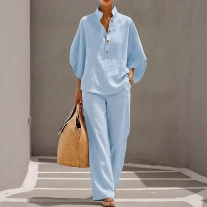 Womens Cotton Linen Shirt Set Casual Long Sleeve