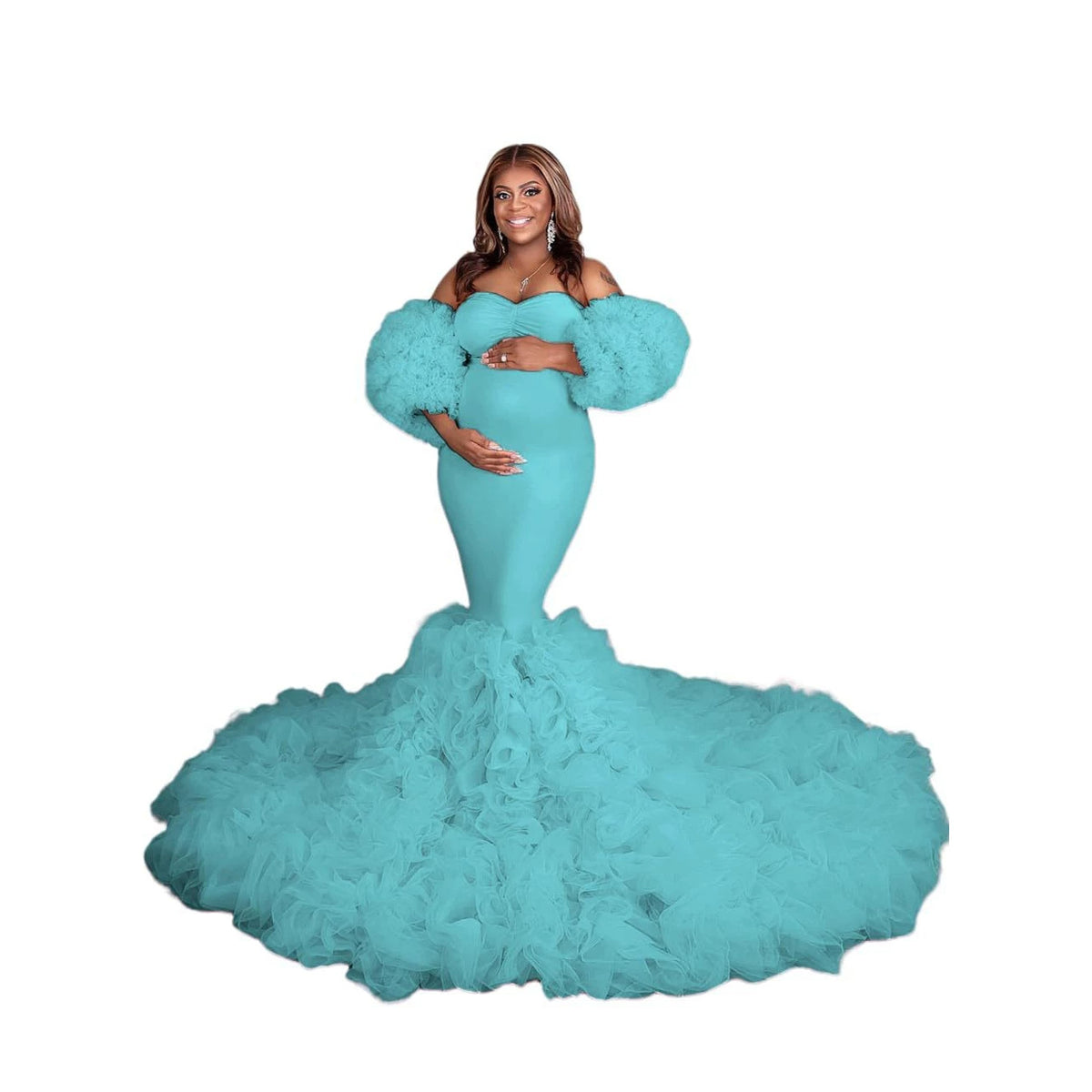 Plus-size fluffy tulle maternity photo shoot outfit, strapless bustier