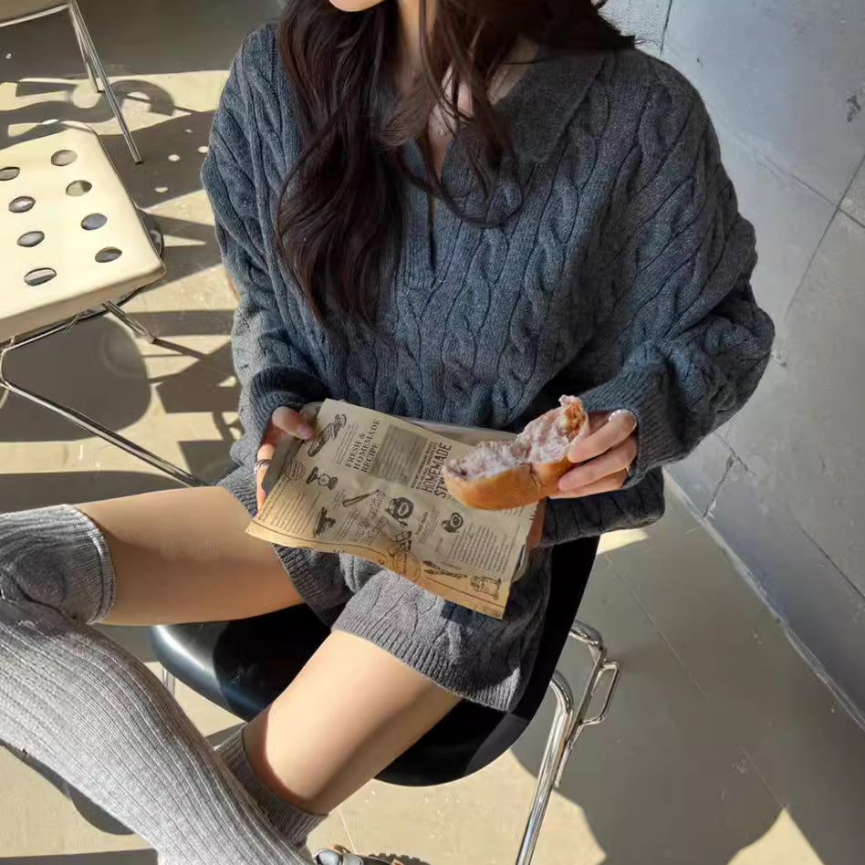 Revers Afslankend Los Casual Kabelgebreide Trui Shorts Modepak