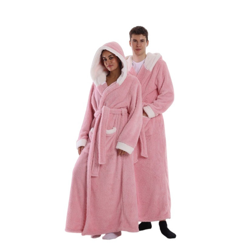 Hooded Solid Color Fleece Bathrobe with Belt Ankle Length Warm Couple Loungewear