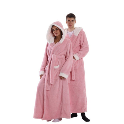 Hooded Solid Color Fleece Bathrobe with Belt Ankle Length Warm Couple Loungewear