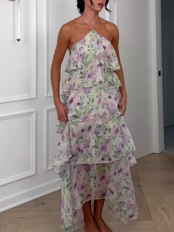 Bloemen halternek mouwloze ruchejurk