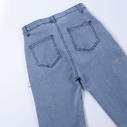 Uitgesneden statement strapping straight leg flared jeans