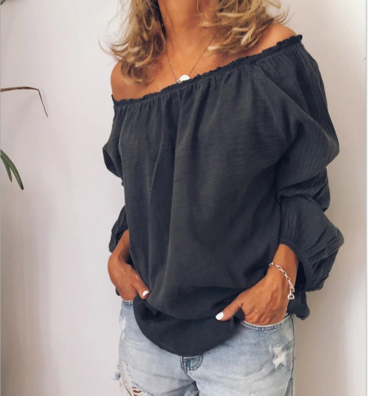 Womens Off The Shoulder Elastic Ruched Cotton Linen Long Sleeve Shirt