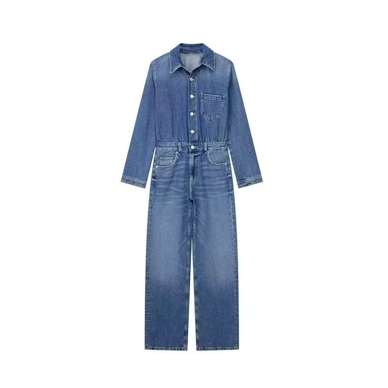 Long Sleeve Washed Denim Jumpsuit