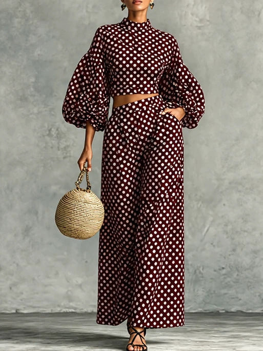Women's polka dot bubble sleeve top wide leg pants 2 piece set