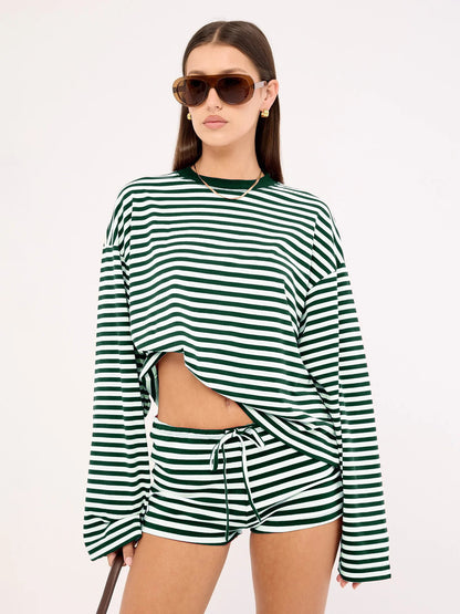 Dames gestreepte short en T-shirt met lange mouwen tweedelig setje