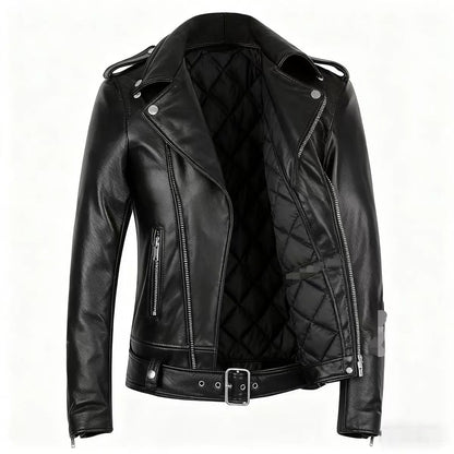 Men's leather jacket with water-washed finish, motorcycle-style men's leather jacket