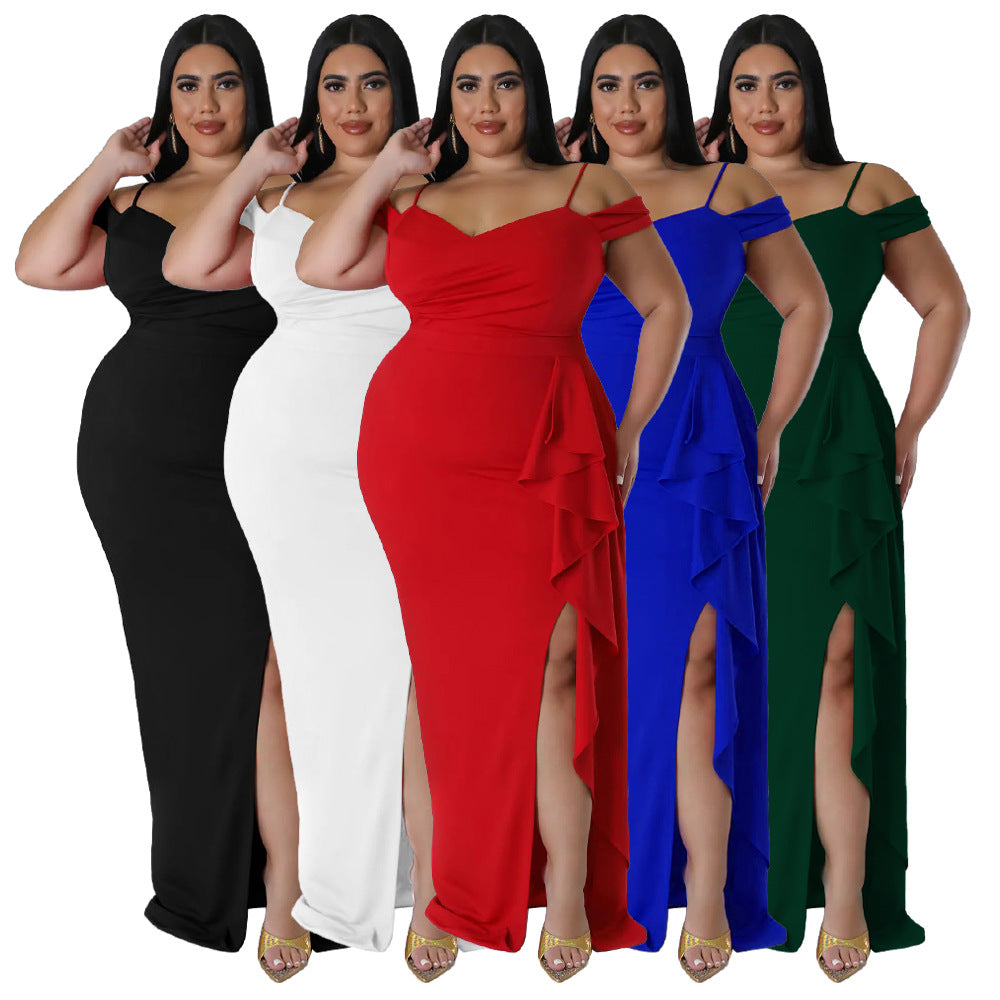 Ruffled Sling Dress with High Slit