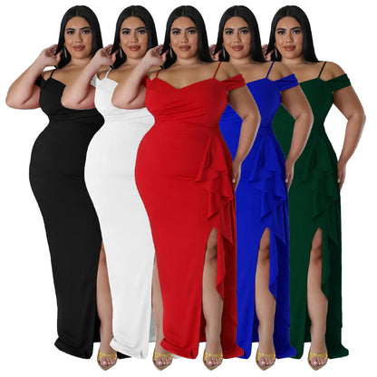 Ruffled Sling Dress with High Slit