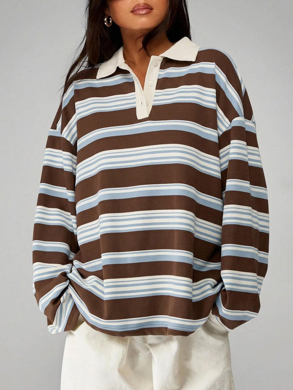Retro Color-Block Striped Long-Sleeve Polo Sweatshirt,