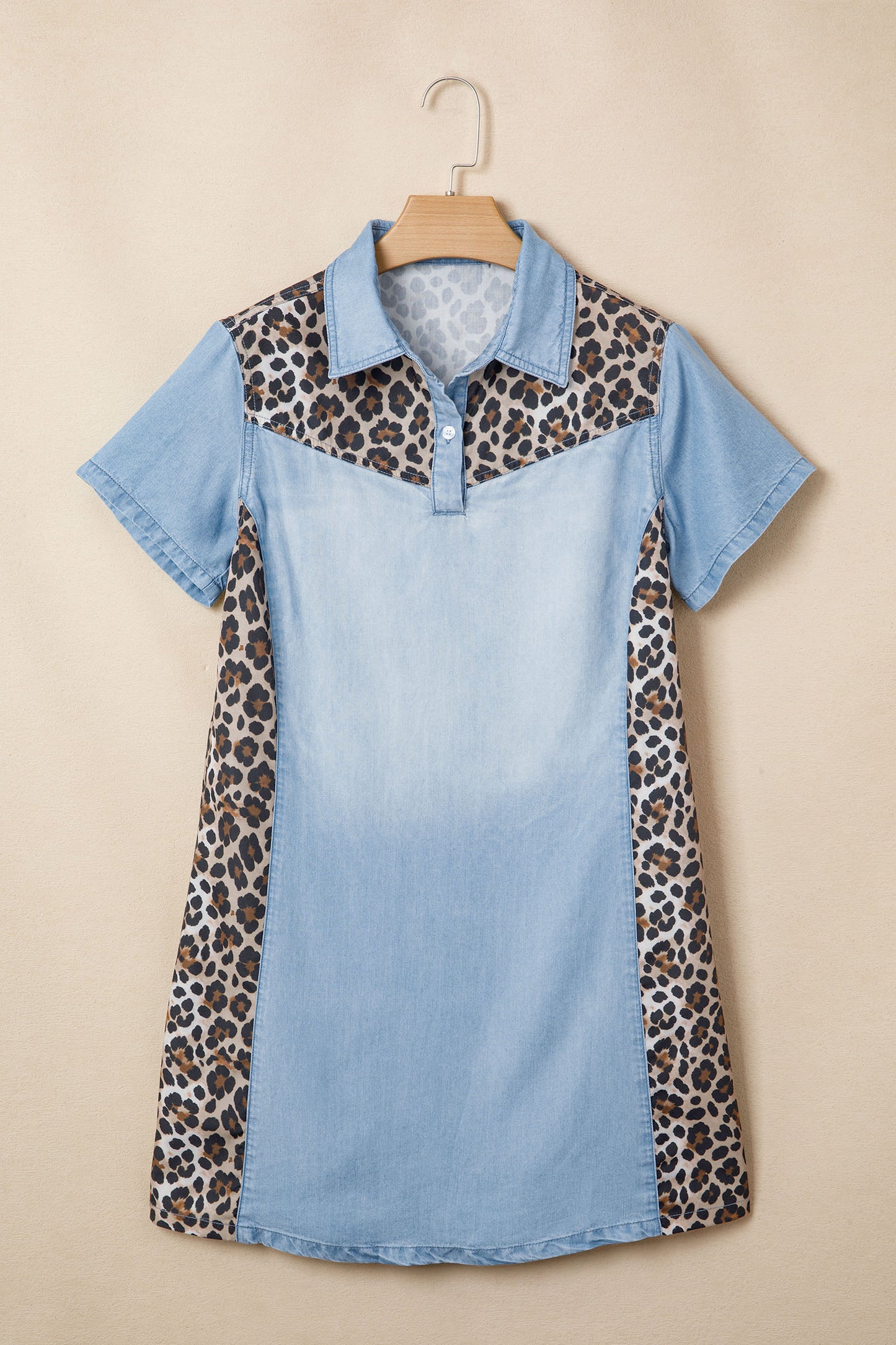 Myosotis Denim Color Block Leopard Patchwork Shirt Collar Mini-jurk