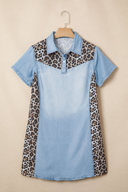 Myosotis Denim Color Block Leopard Patchwork Shirt Collar Mini-jurk