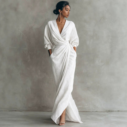 Elegant V-Neck Long Sleeve Waist-Cinching Dress