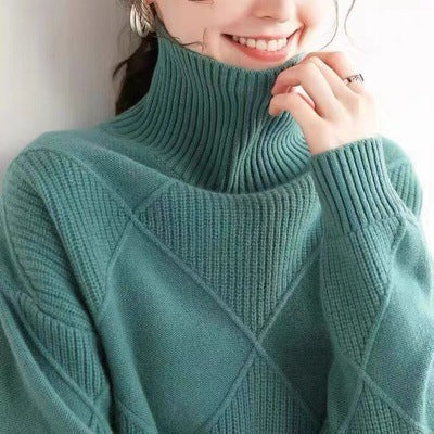 Womens Solid Color High Neck Diamond Pattern Loose Knitwear Sweater