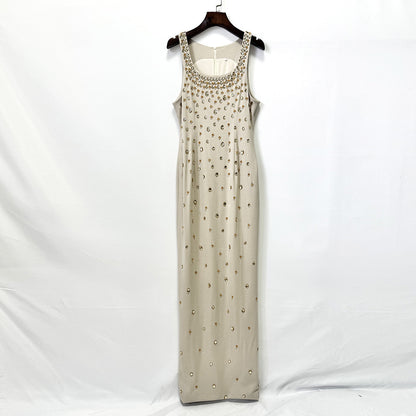 Women?s Hand-Stitched Rhinestone Beaded Sleeveless Long Dress Gown