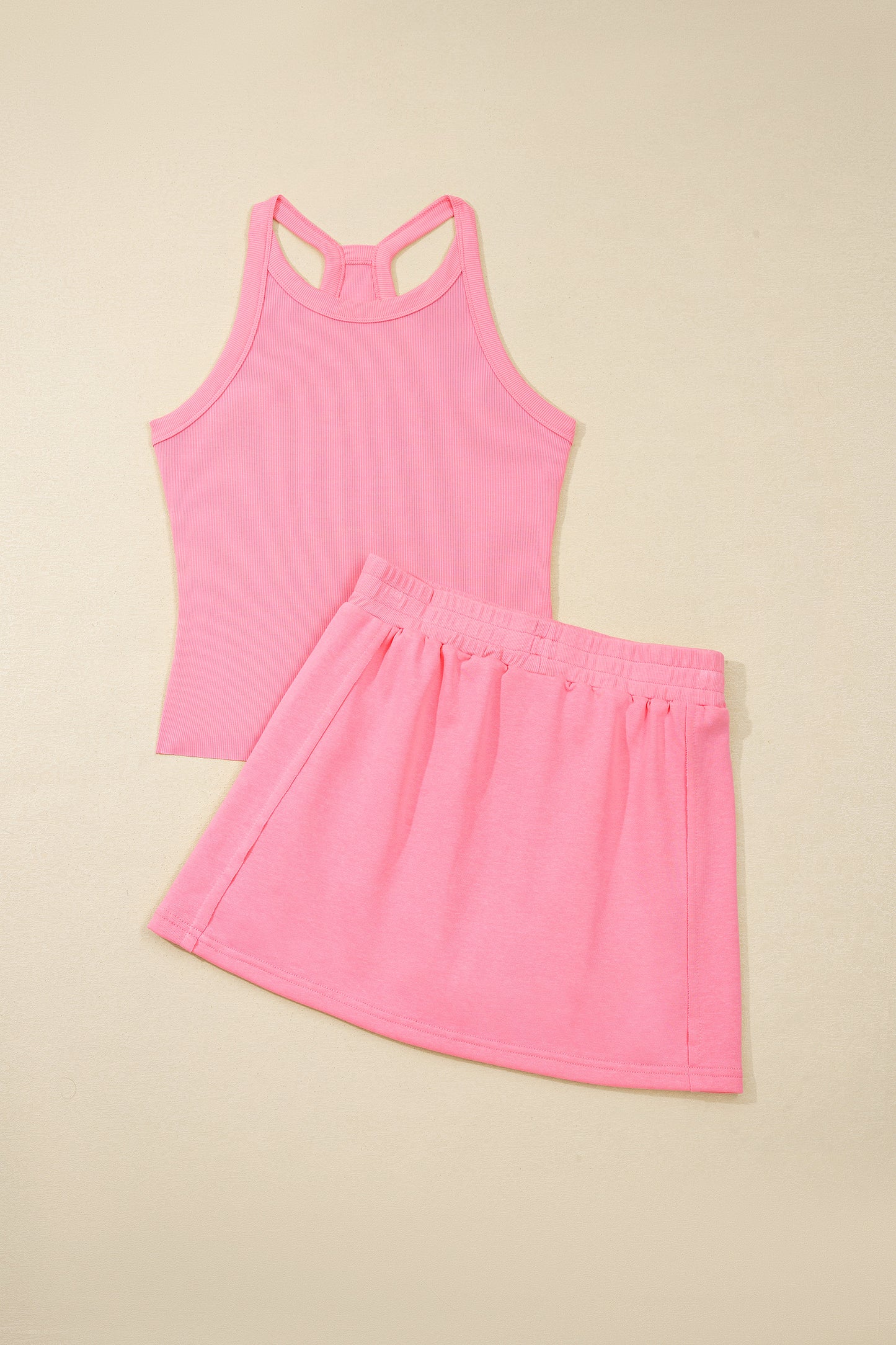 Geribde slim-fit tanktop en minirok met elastische taille 2-delige set