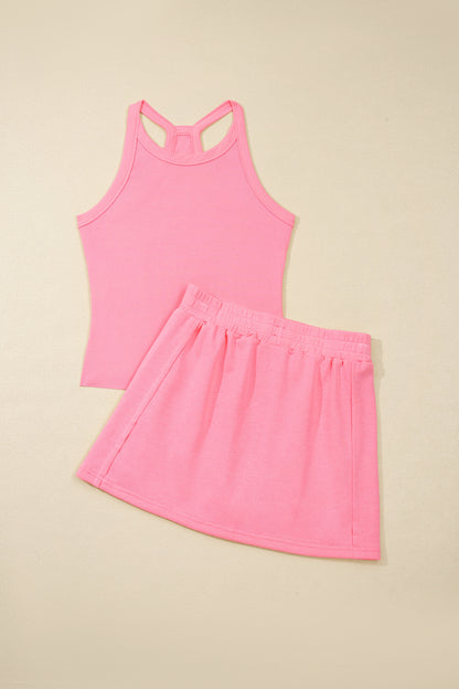 Geribde slim-fit tanktop en minirok met elastische taille 2-delige set