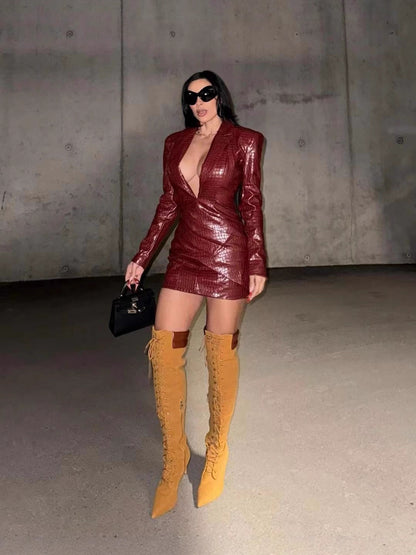 Faux Fur Pleated Deep V Neck Jumpsuit