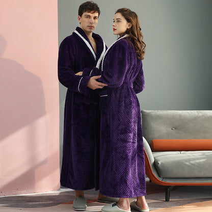 Long Thick Flannel Couple Bathrobe with Lapel Collar