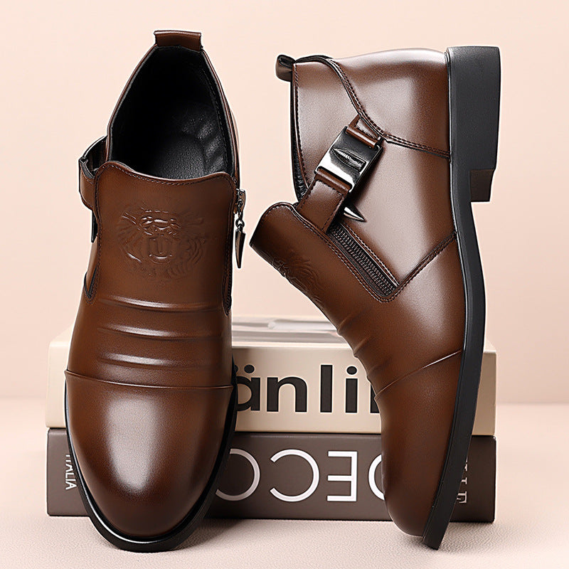 Mens Business Casual Leather Shoes with Lion Head Zipper