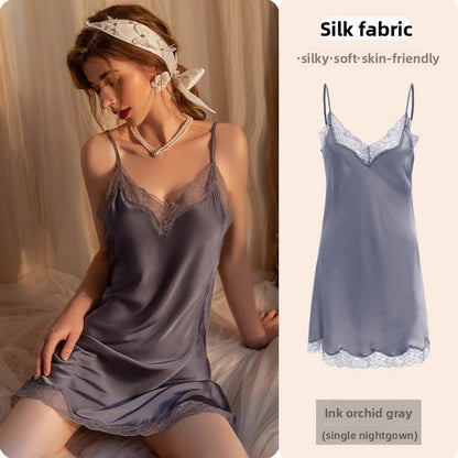 Lace Trim Ice Silk Womens Sleepwear Nightdress