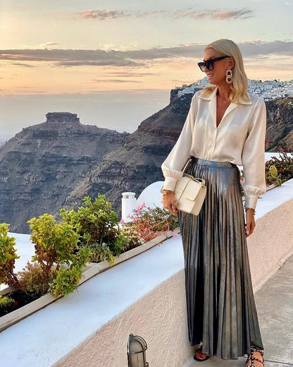 Satijnen overhemd met lange mouwen of glanzend maxi-rok