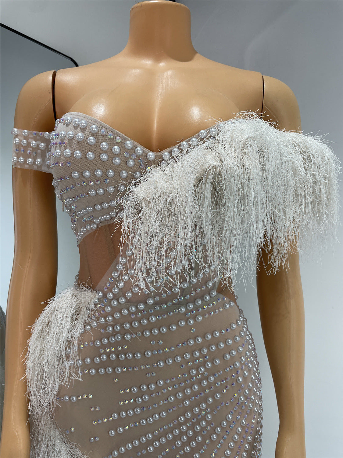Pearl Mesh One Shoulder Evening Dress