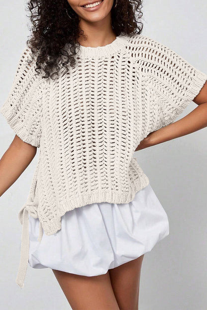 Plus size open gebreide trui met strik en korte mouwen