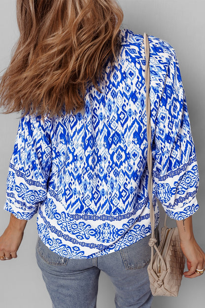 Blauwe Boho Blouse met Geknoopte Hals