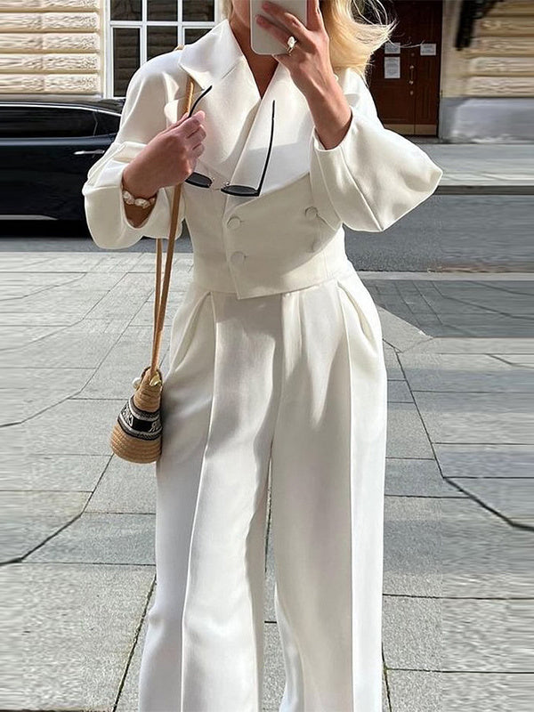 High-End effen kleur revers kort jasje en hoge taille broek pak of apart