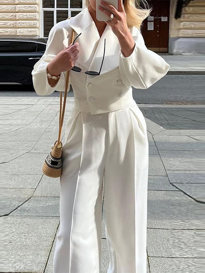 High-End effen kleur revers kort jasje en hoge taille broek pak of apart
