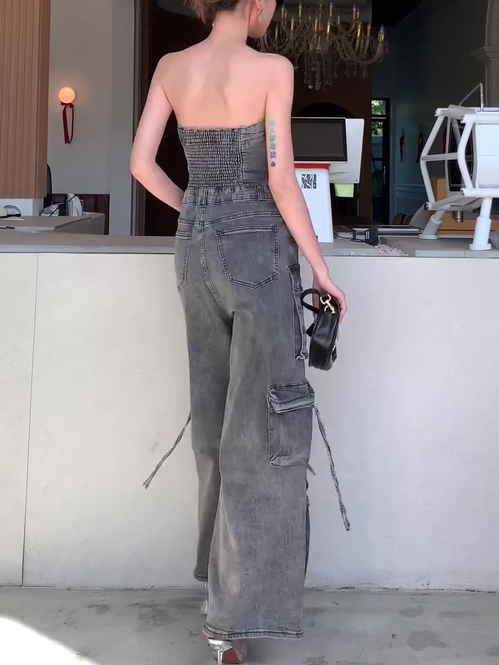Denim Tube Top Enkelrijs Cargo Jumpsuit
