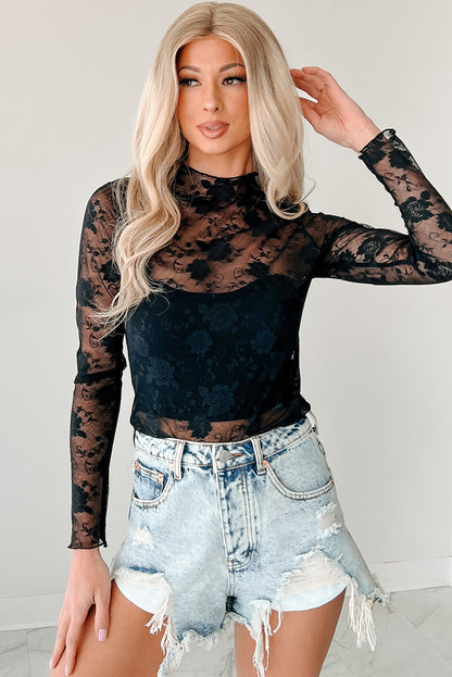 Top met col bloemenkant mesh en lange mouwen