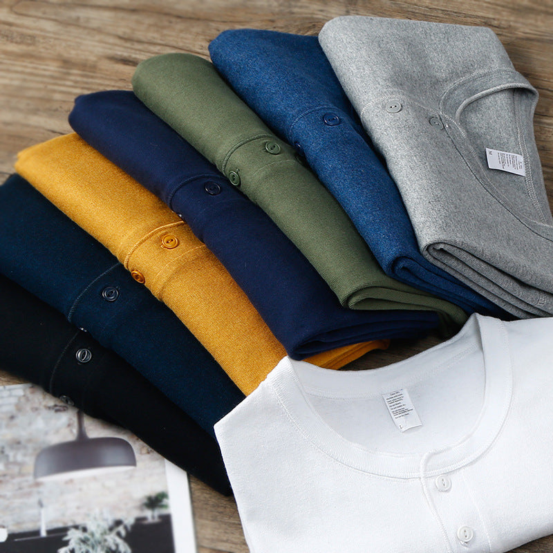 Men's Heavyweight Pure Cotton Henry Collar Long-Sleeve Slim Fit T-Shirt