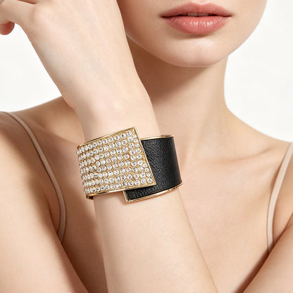 Manufacturer's best-selling simple European and American fashion light luxury metal full-diamond PU leather inlaid women's high-end bracelet wholesale